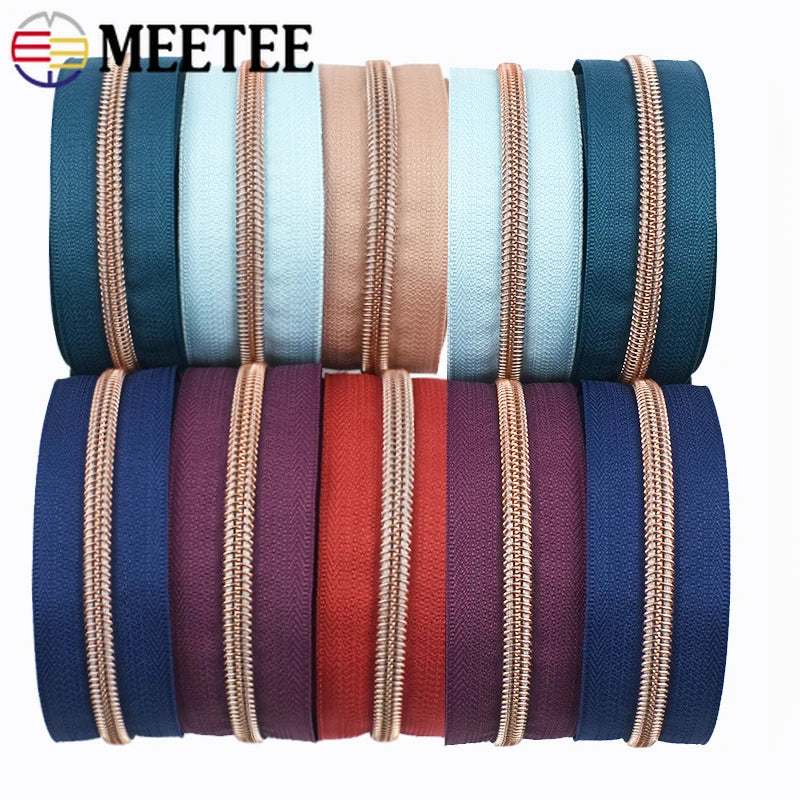 8/200Meters 5# Long Nylon Zipper Tape RoseGold Teeth Zippers Sliders for Bag Garment Repair Zips Kit DIY Sewing Accessories