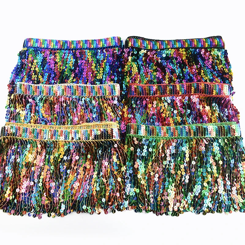 3/100Yards Sequin Fringe Tassel 16cm Latin Stage Clothes Tassels Lace Trim Garment Rainbow Bead Fringes Ribbon Sewing Accessories