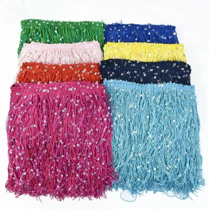 2/60Meters Meetee 20cm Sequin Tassel Fringe Lace Trim Dress Decoration Sewing Fringes Trimming Latin Stage Costume Tassels Ribbon