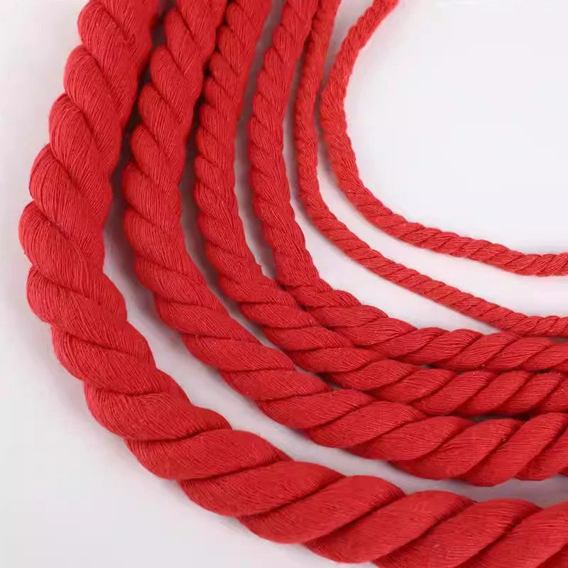 8/200Meter 5/8/12/20mm Red Twisted Cotton Cords for Bag Decoration Macrame Cord Knapsack Belt 3 Shares Braided Rope Sewing Yarn