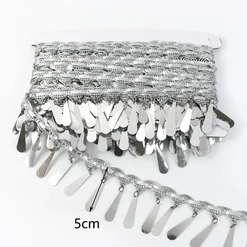 8/200Yards Gold Silver Pendant Lace Sequins Fringe Tassel Ribbon Trim for Stage Party Cosplay Wedding Clothes DIY Sewing Accessory