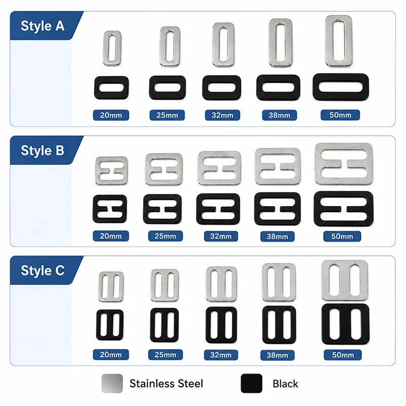 25/800Pcs 20-50mm Stainless Steel Bag Strap Buckles Tri-Glide O Ring Adjustment Buckle Full Slider Square Rings Belt Clip Clasp