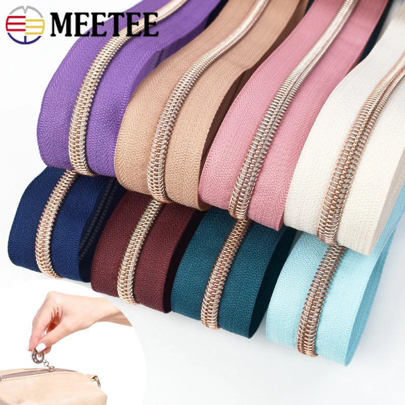 8/200Meters 5# Long Nylon Zipper Tape RoseGold Teeth Zippers Sliders for Bag Garment Repair Zips Kit DIY Sewing Accessories