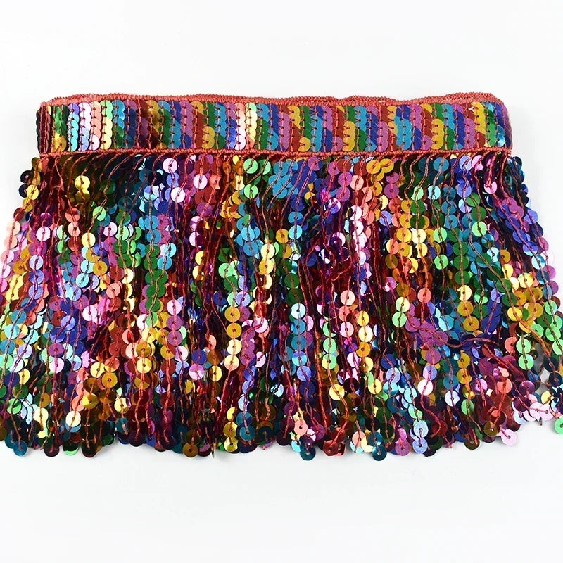 3/100Yards Sequin Fringe Tassel 16cm Latin Stage Clothes Tassels Lace Trim Garment Rainbow Bead Fringes Ribbon Sewing Accessories