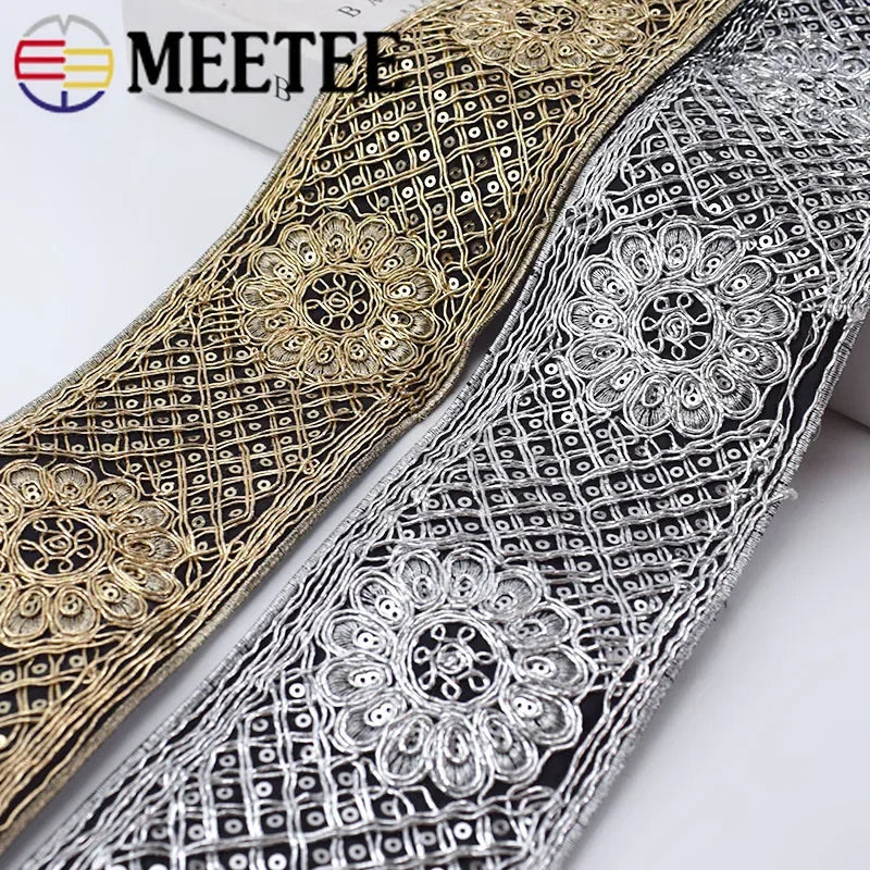 Ethnic Silver Thread Sequins Webbing Ribbon Tape, Shoes Dress Decor Embroidered Lace Trims, DIY Sewing Accessories, 78mm, 2/70Meters