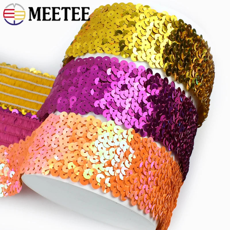 5/120Meters 45mm Sequins Stretch Lace Ribbons Laces Trim Elastic Band Dance Dress Clothes Decoration Ribbon Sewing Accessories