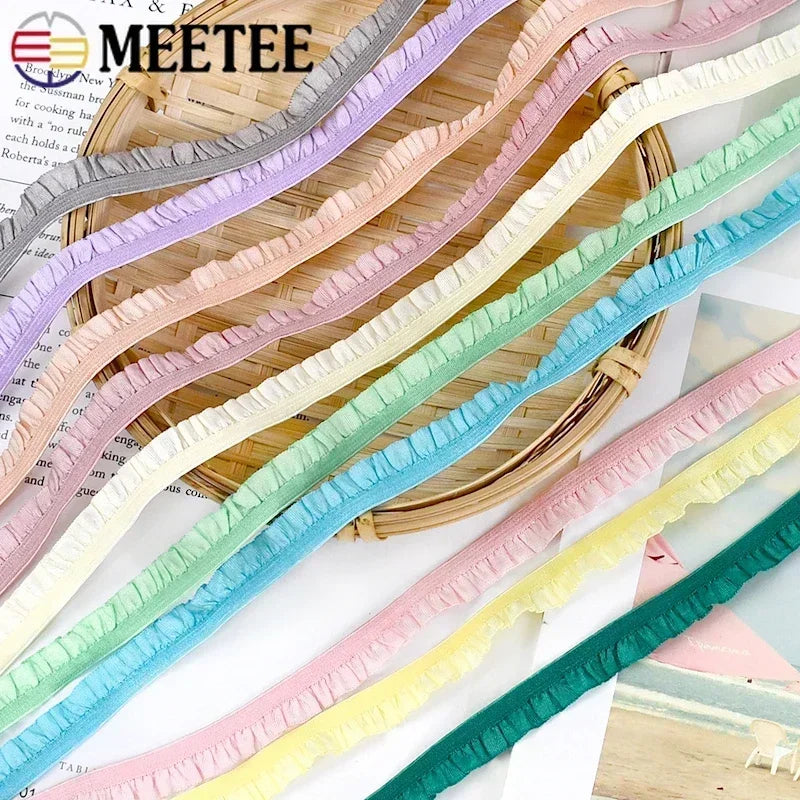 Meetee 20/600meters 10mm Ruffled Elastic Band Pleated Stretch Lace Trim Ribbon Baby Hairband Belt Shoes Tapes Sewing Accessory