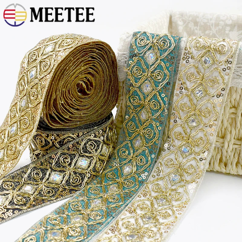 8/200Yards 43mm Ethnic Sequin Embroidery Lace Gold Thread Clothing Decoration Ribbon Dance Dress Band Trim DIY Sewing Accessories
