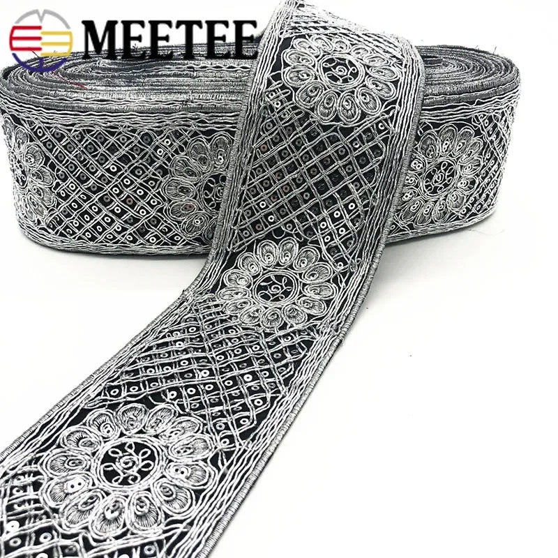 Ethnic Silver Thread Sequins Webbing Ribbon Tape, Shoes Dress Decor Embroidered Lace Trims, DIY Sewing Accessories, 78mm, 2/70Meters
