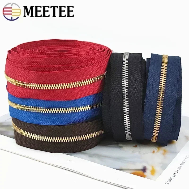 2/50Yards 5# Colorful Metal Zipper Gold/Sliver Teeth Double Pull Open-end Zips Tape Bag Garment Zip Repair Kit Sewing Accessory