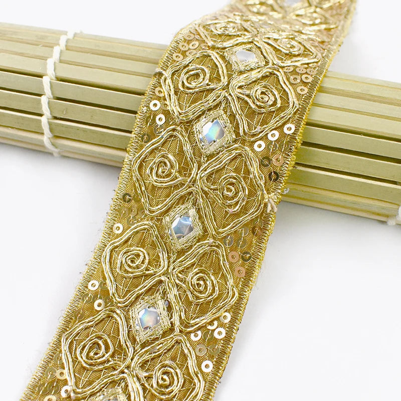 8/200Yards 43mm Ethnic Sequin Embroidery Lace Gold Thread Clothing Decoration Ribbon Dance Dress Band Trim DIY Sewing Accessories