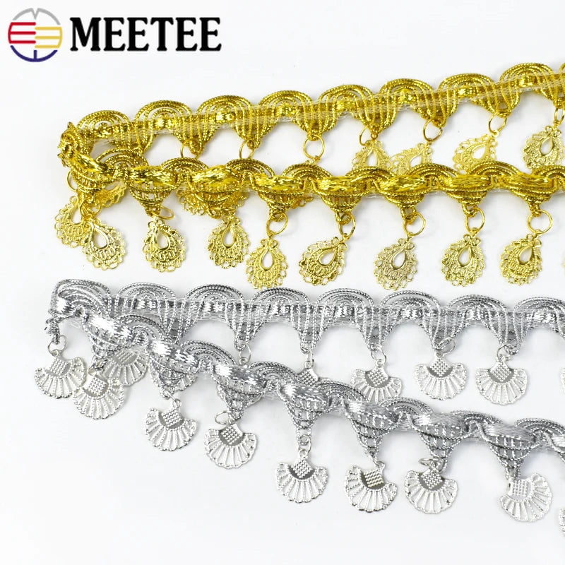 8/200Yards Gold Silver Pendant Lace Sequins Fringe Tassel Ribbon Trim for Stage Party Cosplay Wedding Clothes DIY Sewing Accessory