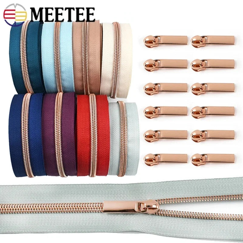 8/200Meters 5# Long Nylon Zipper Tape RoseGold Teeth Zippers Sliders for Bag Garment Repair Zips Kit DIY Sewing Accessories