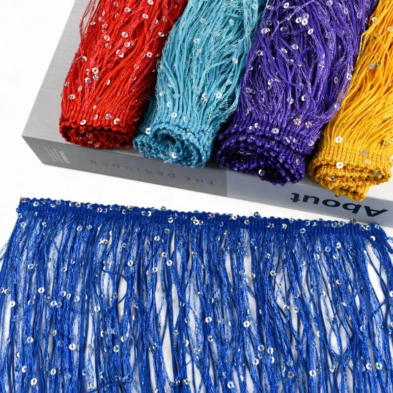 2/60Meters Meetee 20cm Sequin Tassel Fringe Lace Trim Dress Decoration Sewing Fringes Trimming Latin Stage Costume Tassels Ribbon