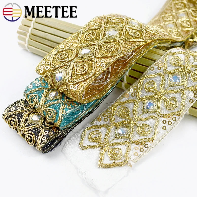 8/200Yards 43mm Ethnic Sequin Embroidery Lace Gold Thread Clothing Decoration Ribbon Dance Dress Band Trim DIY Sewing Accessories