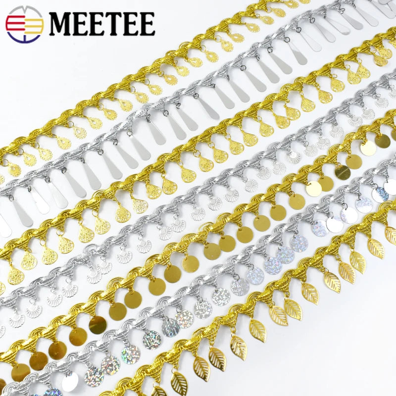 8/200Yards Gold Silver Pendant Lace Sequins Fringe Tassel Ribbon Trim for Stage Party Cosplay Wedding Clothes DIY Sewing Accessory