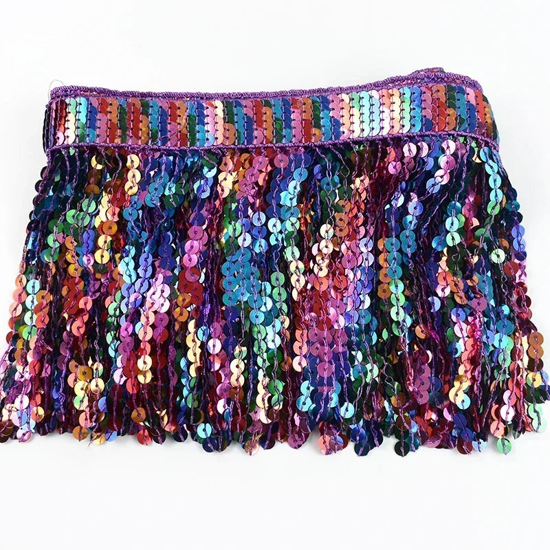 3/100Yards Sequin Fringe Tassel 16cm Latin Stage Clothes Tassels Lace Trim Garment Rainbow Bead Fringes Ribbon Sewing Accessories
