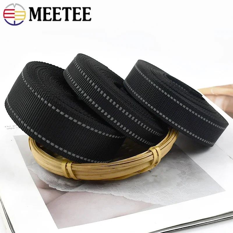 5/150M 20/25/38mm 1.8mm Thick Black Reflective Nylon Webbing Ribbon for Pet Collar Knapsack Belt Band Strap Tape DIY Bag Accessories