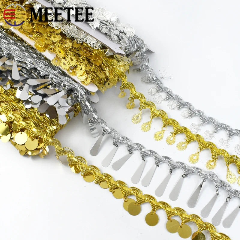 8/200Yards Gold Silver Pendant Lace Sequins Fringe Tassel Ribbon Trim for Stage Party Cosplay Wedding Clothes DIY Sewing Accessory
