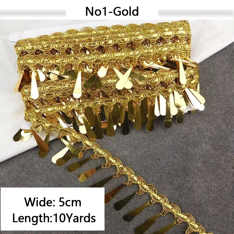 8/200Yards Gold Silver Pendant Lace Sequins Fringe Tassel Ribbon Trim for Stage Party Cosplay Wedding Clothes DIY Sewing Accessory