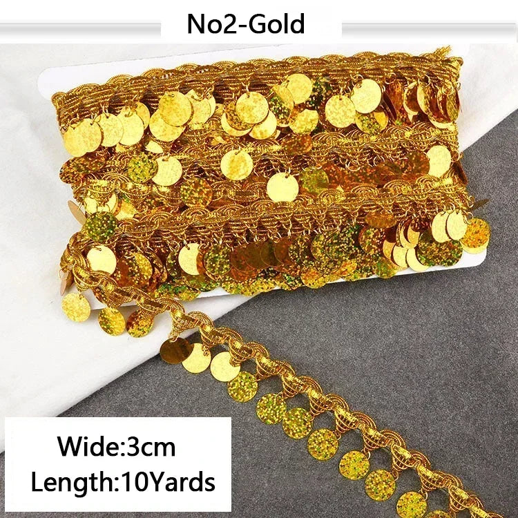 8/200Yards Gold Silver Pendant Lace Sequins Fringe Tassel Ribbon Trim for Stage Party Cosplay Wedding Clothes DIY Sewing Accessory