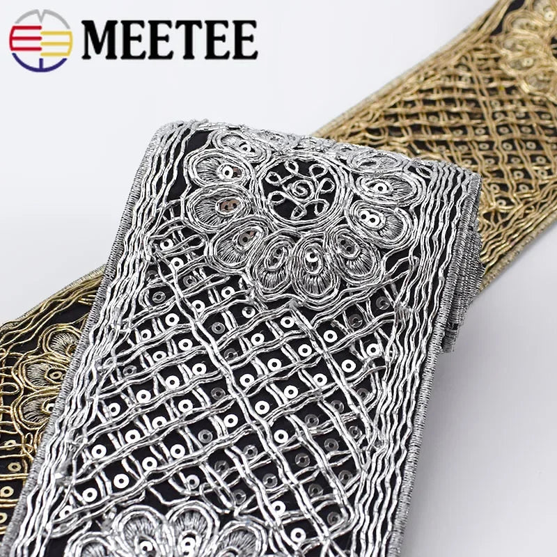 Ethnic Silver Thread Sequins Webbing Ribbon Tape, Shoes Dress Decor Embroidered Lace Trims, DIY Sewing Accessories, 78mm, 2/70Meters