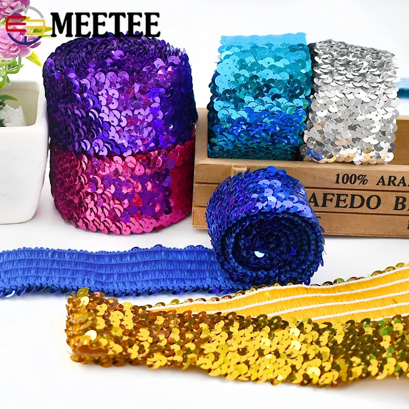 5/120Meters 45mm Sequins Stretch Lace Ribbons Laces Trim Elastic Band Dance Dress Clothes Decoration Ribbon Sewing Accessories