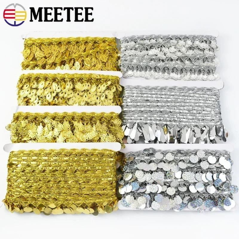 8/200Yards Gold Silver Pendant Lace Sequins Fringe Tassel Ribbon Trim for Stage Party Cosplay Wedding Clothes DIY Sewing Accessory