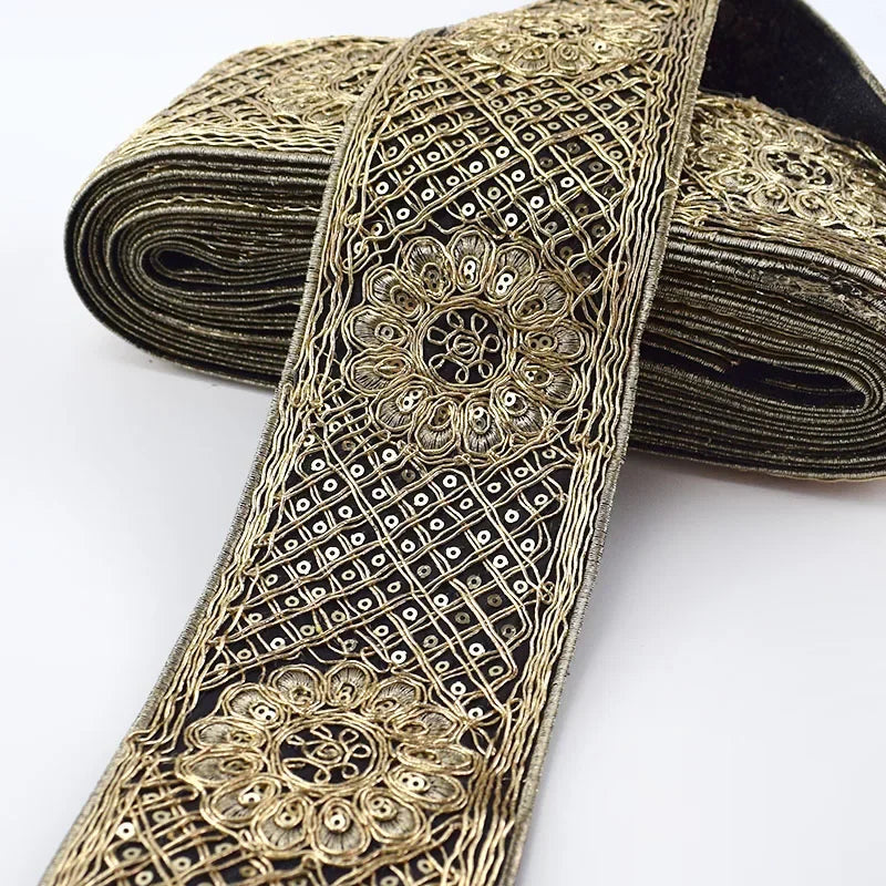 Ethnic Silver Thread Sequins Webbing Ribbon Tape, Shoes Dress Decor Embroidered Lace Trims, DIY Sewing Accessories, 78mm, 2/70Meters