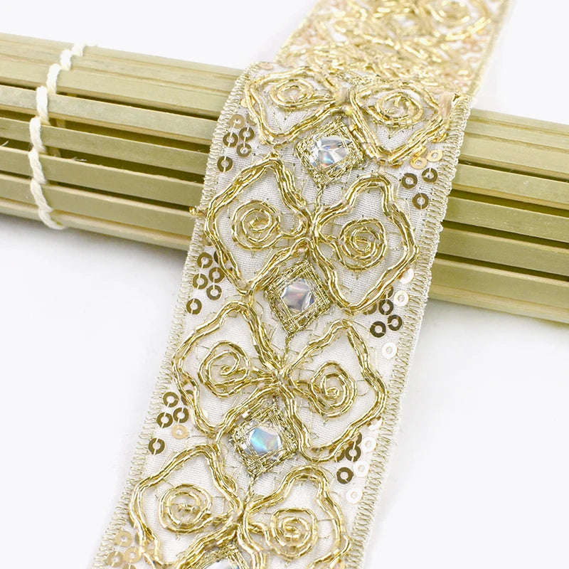 8/200Yards 43mm Ethnic Sequin Embroidery Lace Gold Thread Clothing Decoration Ribbon Dance Dress Band Trim DIY Sewing Accessories