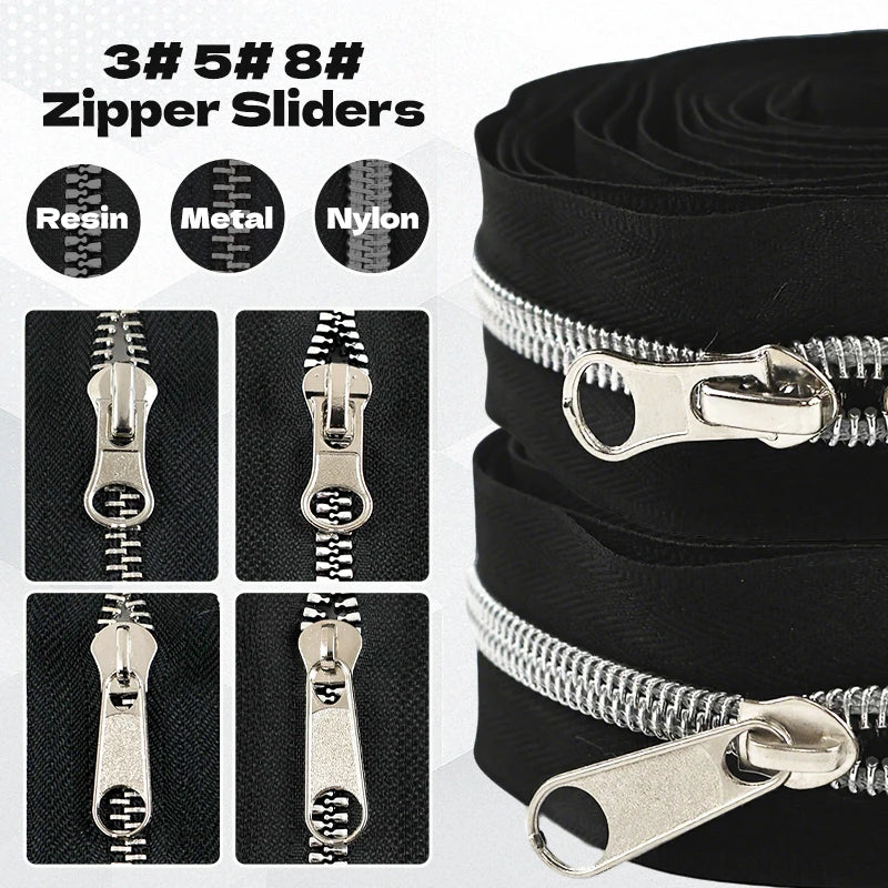 50Pcs 3# 5# 8# Meetee Silver Nylon Zipper Sliders Backpack Jacket Zips Heads Pocket Closure Replacement Broken Zippers Puller