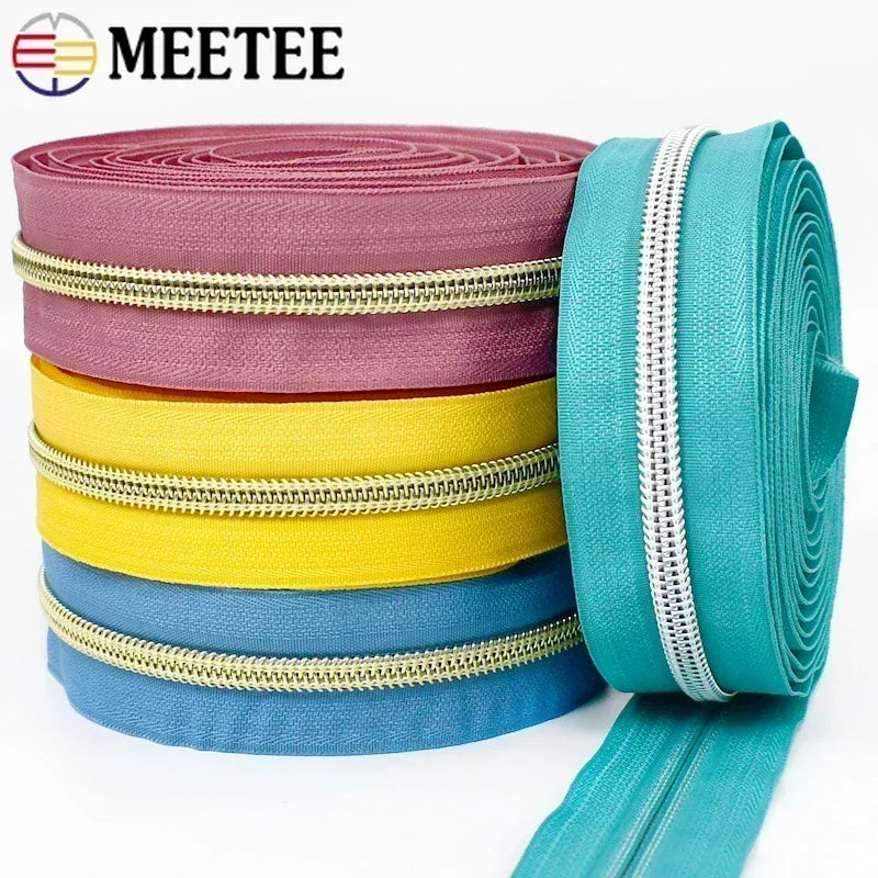 8/300M 5# Nylon Zippers Tapes Gold Silver Teeth Zipper for Sewing Bag Zips Purse Garment Zip Repair Kit DIY Accessories