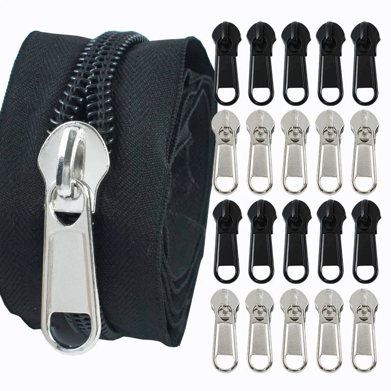 20Pcs 3# 5# 8# 10# Nylon Zippers Tape + Zipper Sliders 5Meters Clothes Sewing Zip Roll Replace Repair Zips Pull Head Closure Accessory