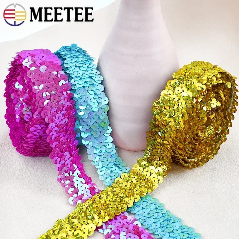 5/150M 30mm Sequins Lace Trim Stretch Ribbon Strap Laces Fabric for Craft Wedding Dress Clothes Elastic Band Sewing Accessories