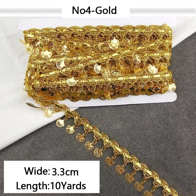 8/200Yards Gold Silver Pendant Lace Sequins Fringe Tassel Ribbon Trim for Stage Party Cosplay Wedding Clothes DIY Sewing Accessory