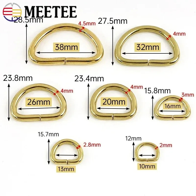 25/800Pcs 10-38mm Solid Brass Non Welded D Rings Square Bag Buckle Handbag Strap Clasp Webbing Dog Leash Adjuster Loops Hardware