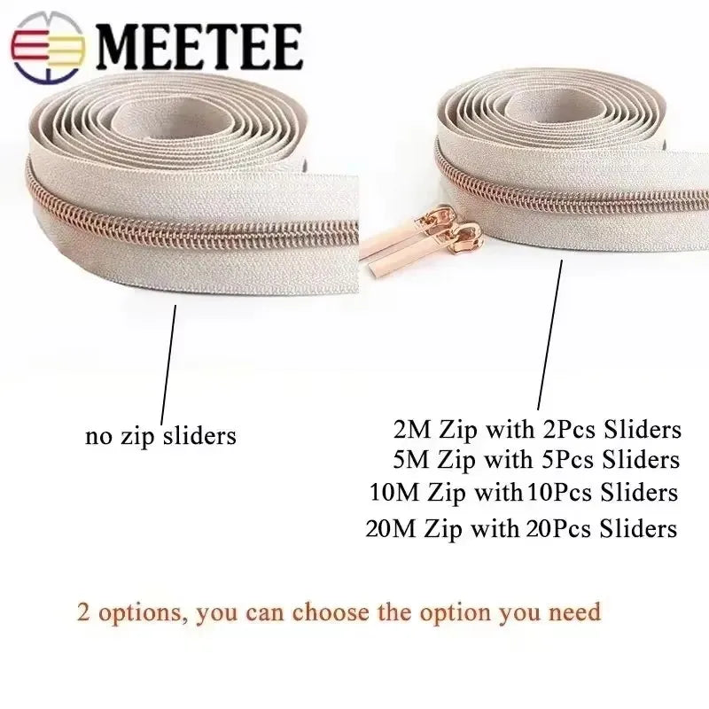 8/200Meters 5# Long Nylon Zipper Tape RoseGold Teeth Zippers Sliders for Bag Garment Repair Zips Kit DIY Sewing Accessories