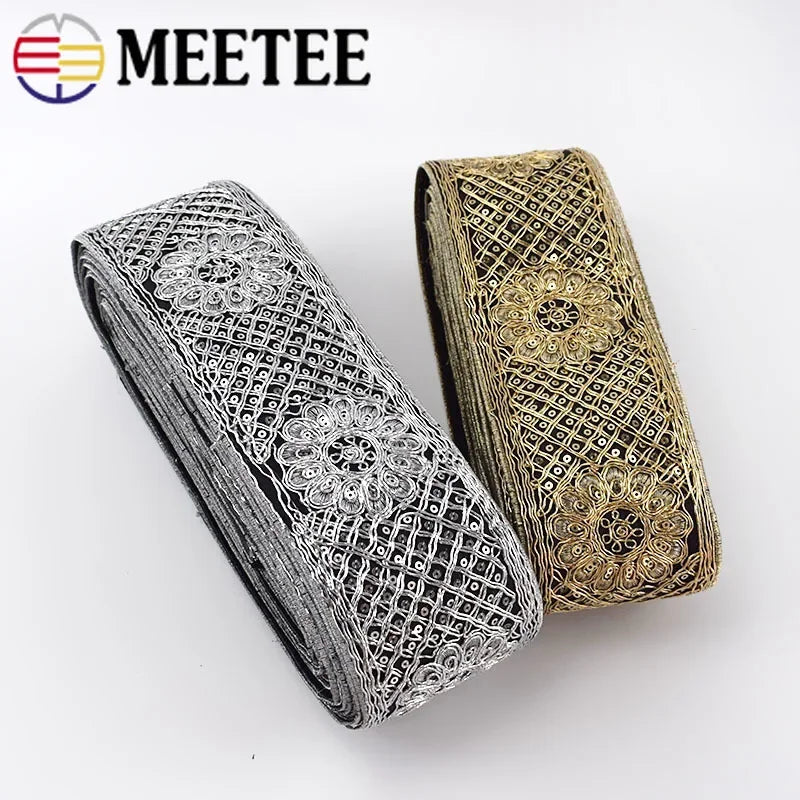 Ethnic Silver Thread Sequins Webbing Ribbon Tape, Shoes Dress Decor Embroidered Lace Trims, DIY Sewing Accessories, 78mm, 2/70Meters