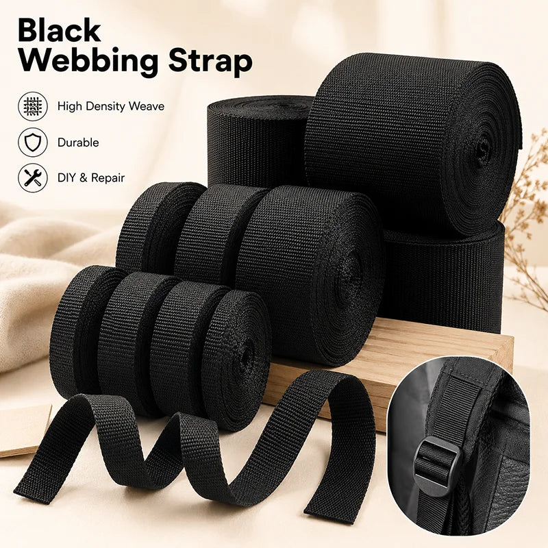 15/500M Black PP Polypropylene Webbing Tape for Bag 20-100mm Ribbon Strap By The Meter 1.3mm Thick Seat Belt Webbings SewingSupplies