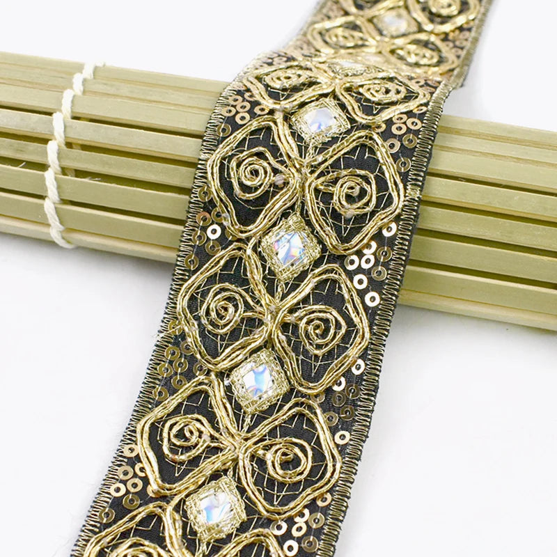 8/200Yards 43mm Ethnic Sequin Embroidery Lace Gold Thread Clothing Decoration Ribbon Dance Dress Band Trim DIY Sewing Accessories