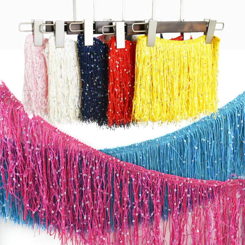 2/60Meters Meetee 20cm Sequin Tassel Fringe Lace Trim Dress Decoration Sewing Fringes Trimming Latin Stage Costume Tassels Ribbon