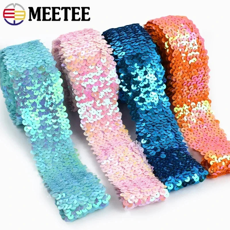 5/120Meters 45mm Sequins Stretch Lace Ribbons Laces Trim Elastic Band Dance Dress Clothes Decoration Ribbon Sewing Accessories