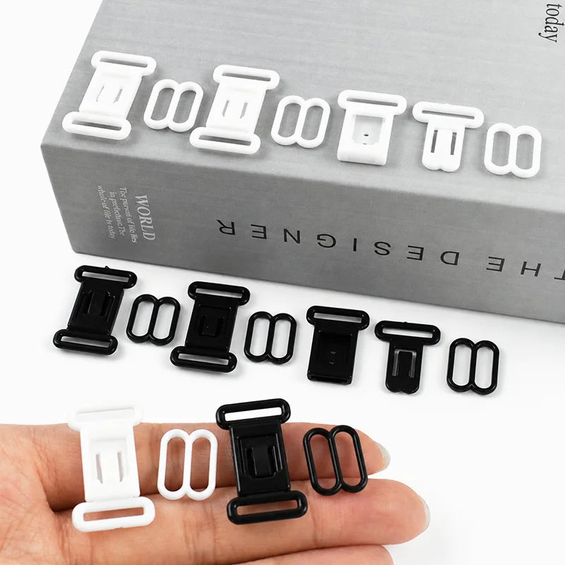 50Sets Black White Bra Strap Adjuster Plastic Buckles 12.5mm Swimsuit 8 Shape O Ring Buckle Underwear Slider Hooks Supplies