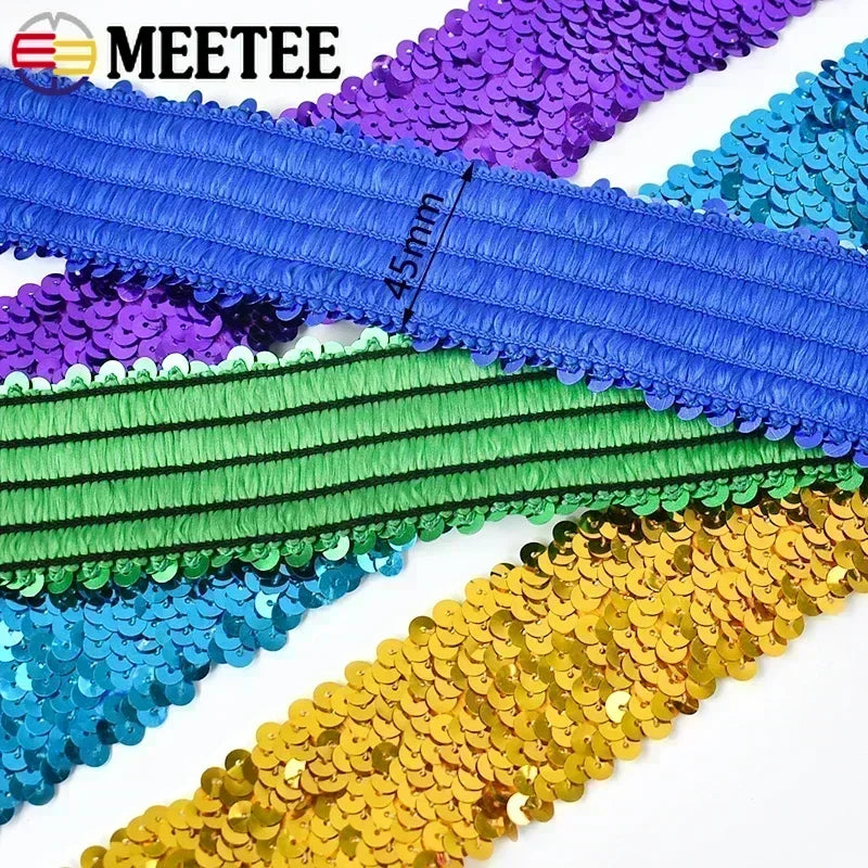 5/120Meters 45mm Sequins Stretch Lace Ribbons Laces Trim Elastic Band Dance Dress Clothes Decoration Ribbon Sewing Accessories