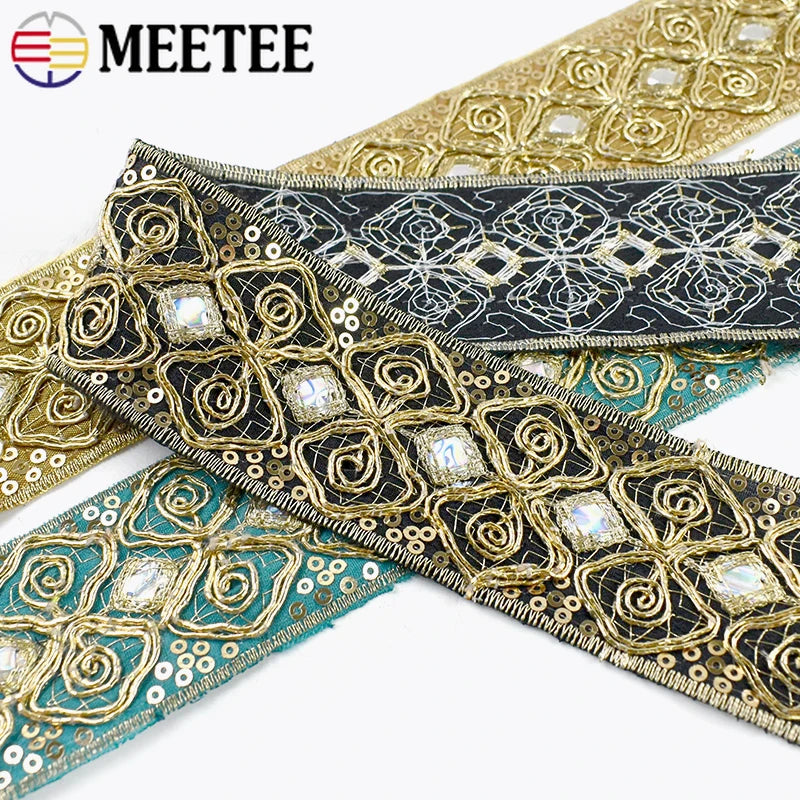 8/200Yards 43mm Ethnic Sequin Embroidery Lace Gold Thread Clothing Decoration Ribbon Dance Dress Band Trim DIY Sewing Accessories