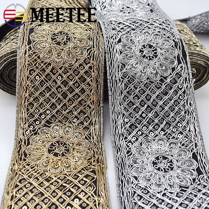 Ethnic Silver Thread Sequins Webbing Ribbon Tape, Shoes Dress Decor Embroidered Lace Trims, DIY Sewing Accessories, 78mm, 2/70Meters