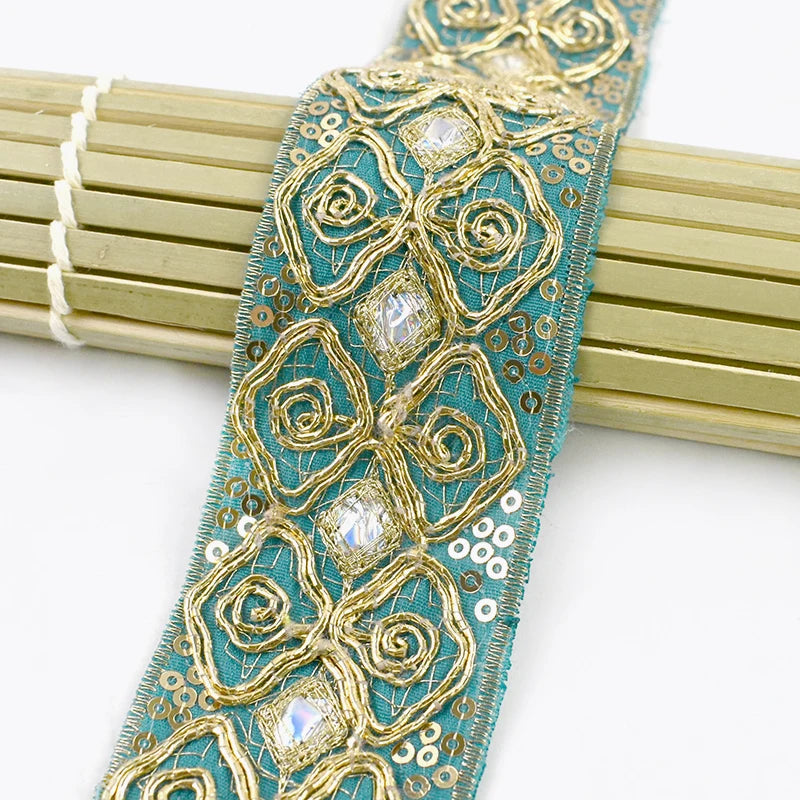 8/200Yards 43mm Ethnic Sequin Embroidery Lace Gold Thread Clothing Decoration Ribbon Dance Dress Band Trim DIY Sewing Accessories