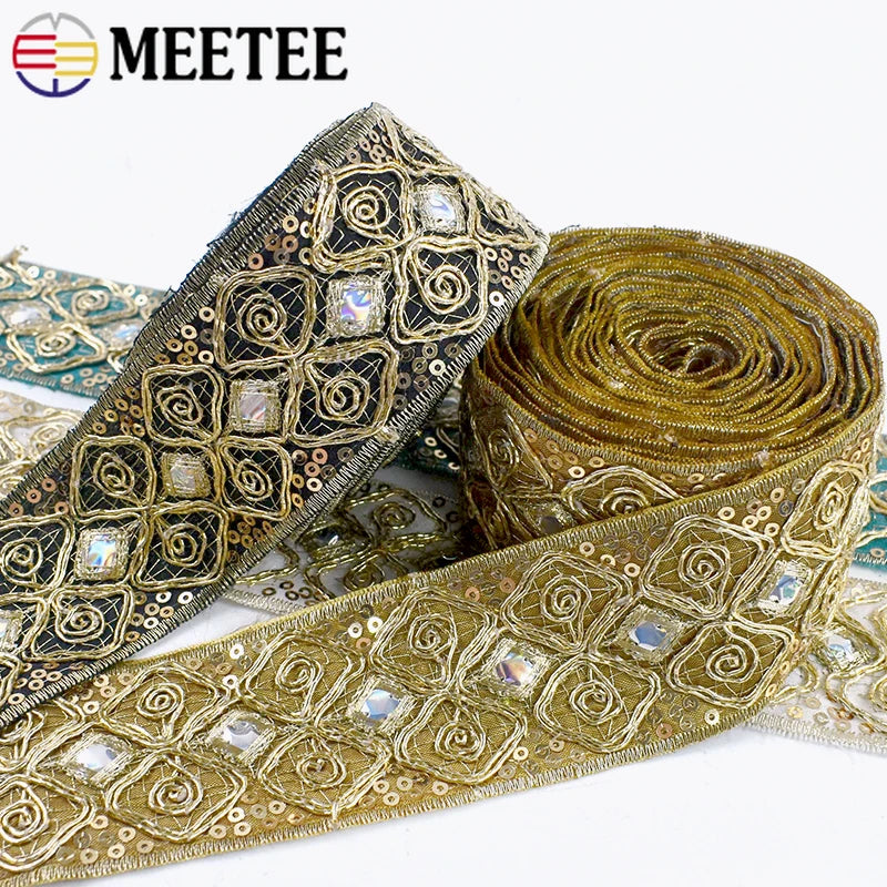 8/200Yards 43mm Ethnic Sequin Embroidery Lace Gold Thread Clothing Decoration Ribbon Dance Dress Band Trim DIY Sewing Accessories