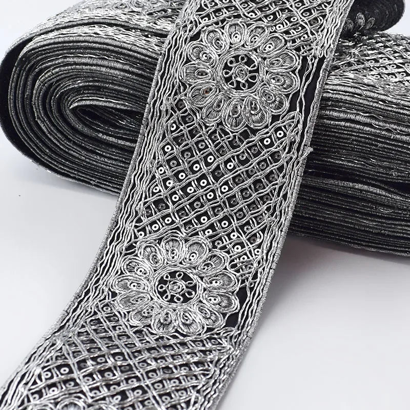 Ethnic Silver Thread Sequins Webbing Ribbon Tape, Shoes Dress Decor Embroidered Lace Trims, DIY Sewing Accessories, 78mm, 2/70Meters