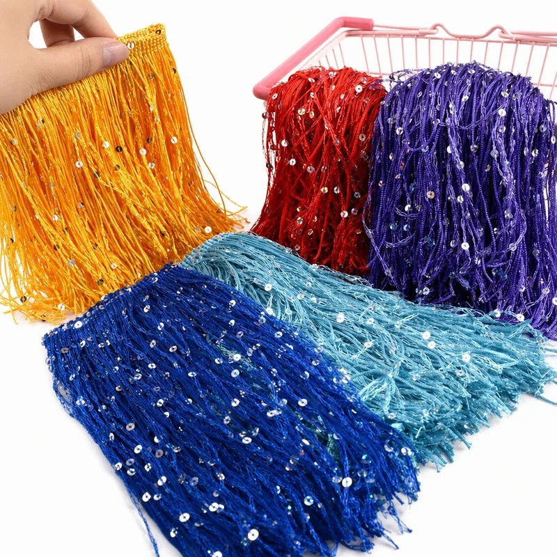 2/60Meters Meetee 20cm Sequin Tassel Fringe Lace Trim Dress Decoration Sewing Fringes Trimming Latin Stage Costume Tassels Ribbon